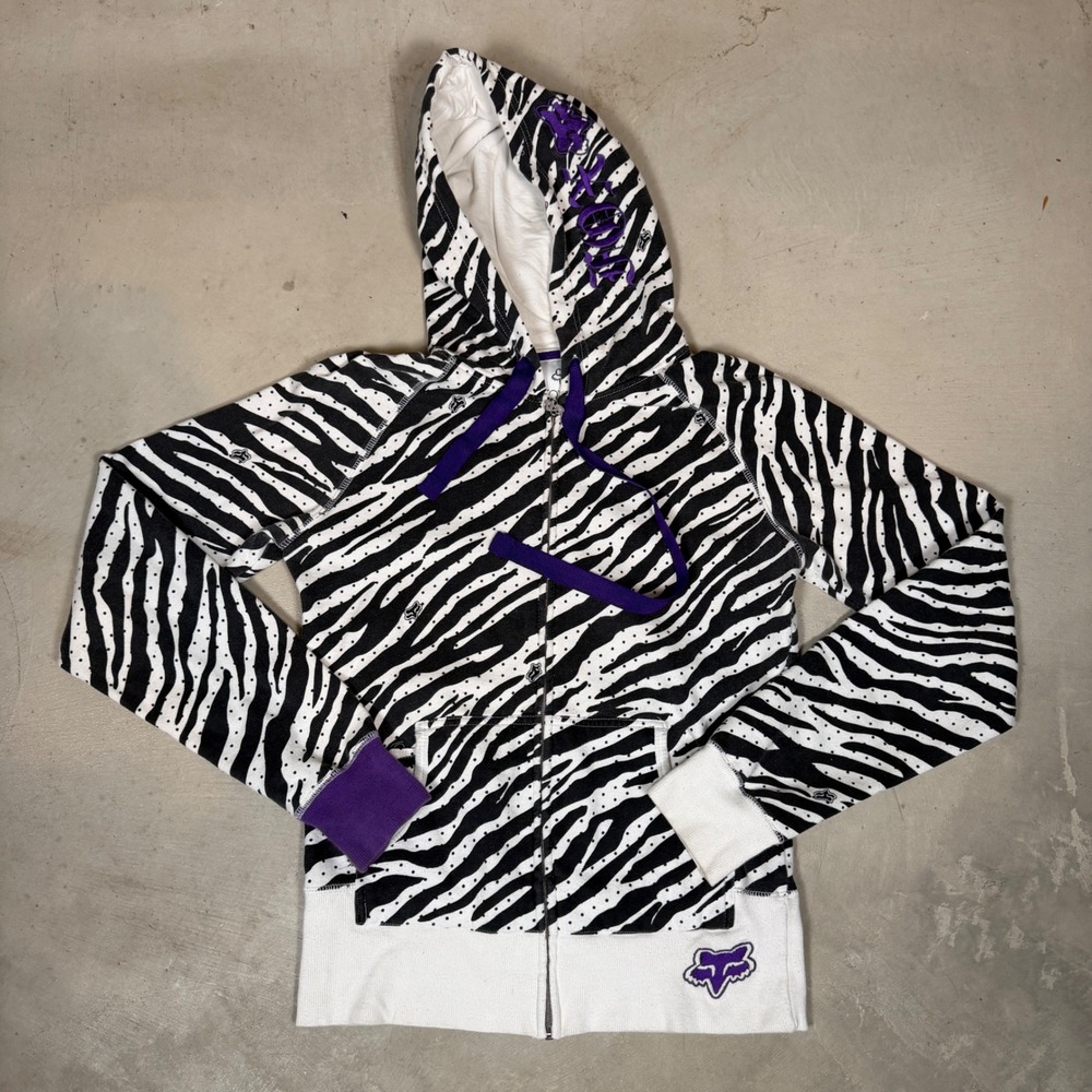 Fox Racing Womens Zebra Print Full Zip Hoodie Purple Accents Y2K Large Grunge